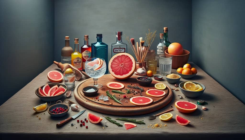 A display of ingredients including gin, grapefruit soda, and garnish essentials for the Finnish Long Drink