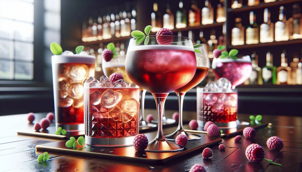 A diverse selection of Clover Club cocktails showcasing various raspberry syrup and gin pairings