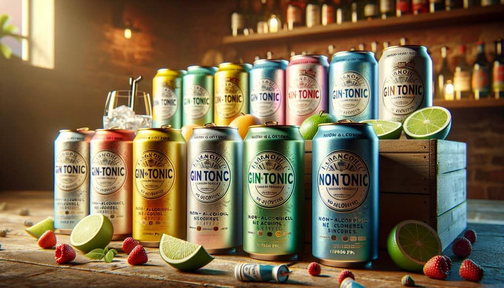 A diverse selection of non-alcoholic gin and tonic cans, ideal for those seeking a convenient alcohol-free option.