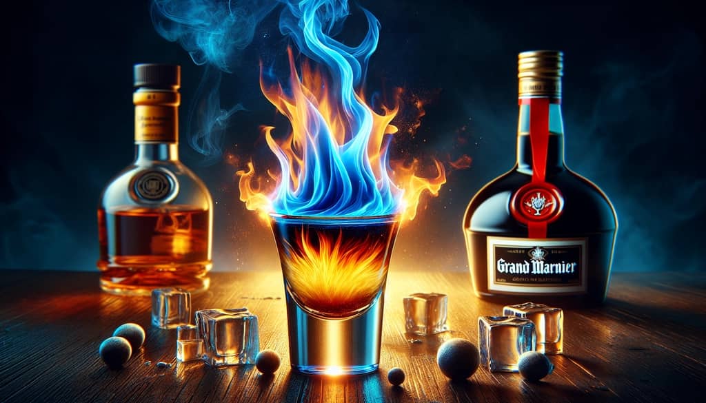 A dramatic Flaming B52 Shot with a captivating blue flame just above the Grand Marnier layer.
