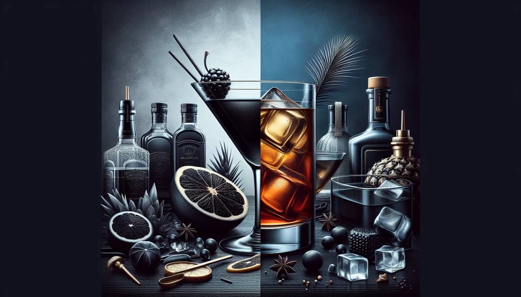 A dynamic visual comparison between Black Manhattan and Classic Manhattan cocktails capturing their essence.