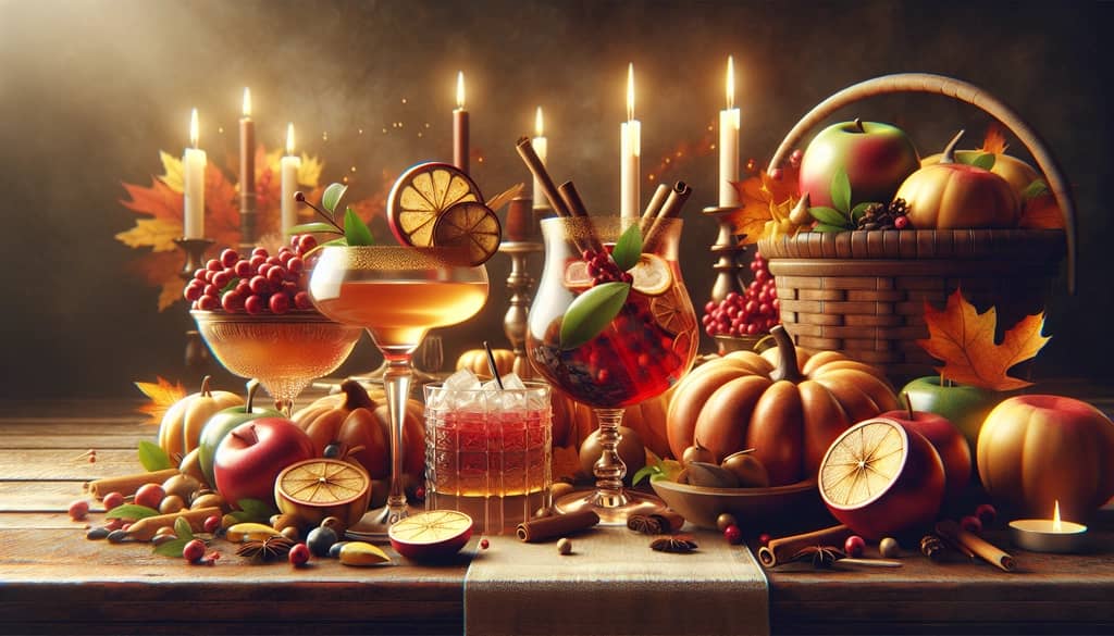 A festive arrangement of traditional Thanksgiving cocktails, showcasing classic autumn flavors like apple and pumpkin