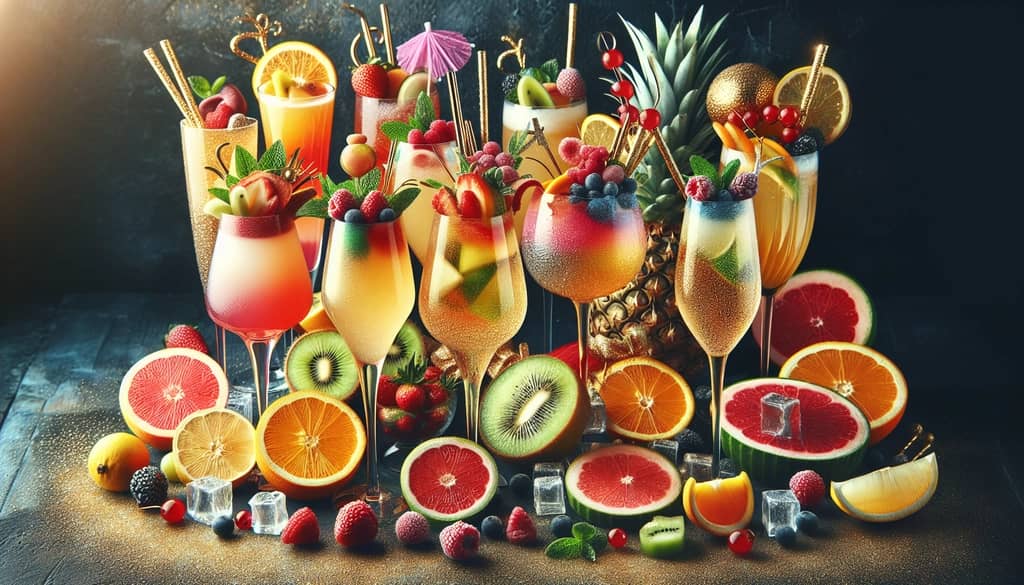 A festive collection of colorful virgin champagne cocktails with fresh fruit garnishes
