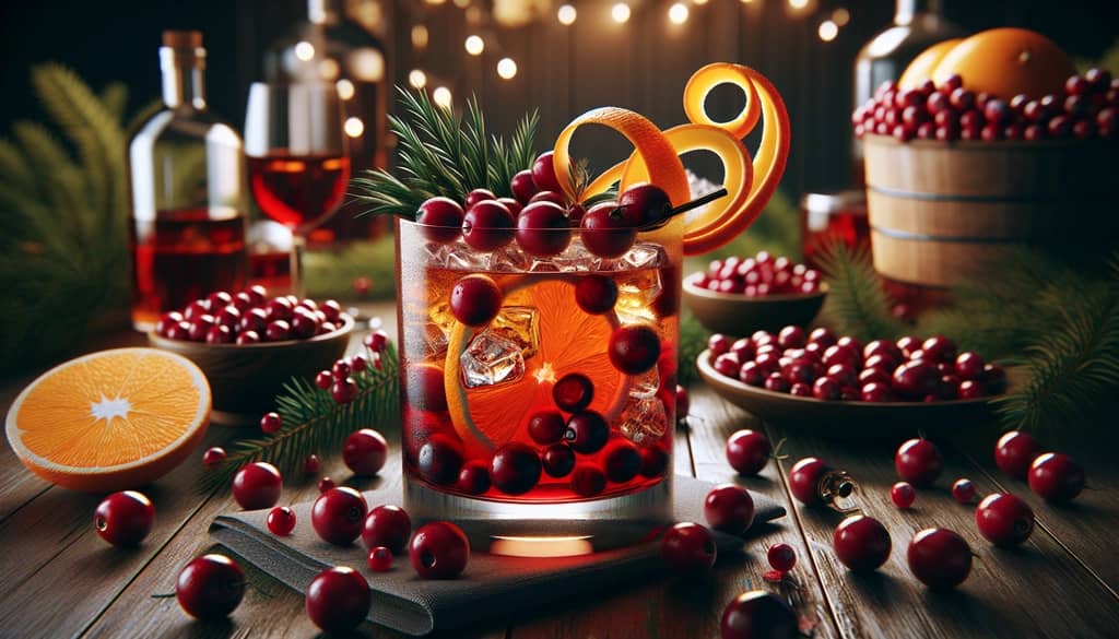 A festive Cranberry Bourbon Cocktail garnished with fresh cranberries and orange zest, embodying the holiday spirit.