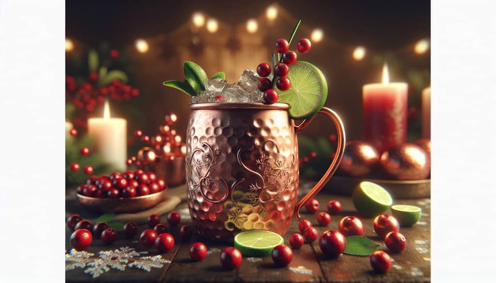 A festive Cranberry Moscow Mule cocktail in a copper mug, garnished with cranberries and lime, perfect for holiday celebrations.