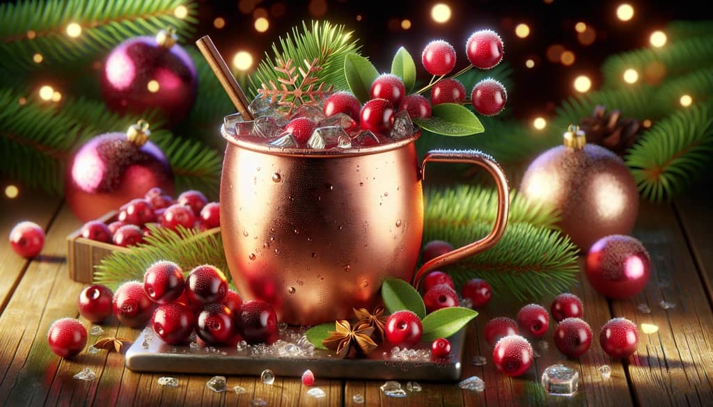 A festive Cranberry Moscow Mule displayed beautifully in a traditional copper mug, embodying the perfect holiday cocktail