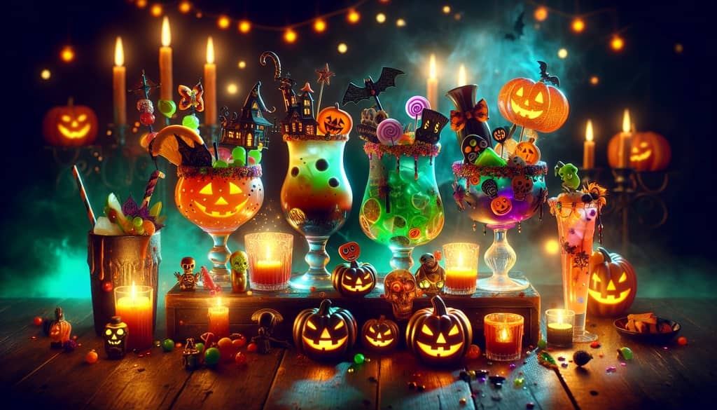A festive display of colorful and spooky Halloween-themed cocktails capturing the fun and mysterious spirit of the holiday.