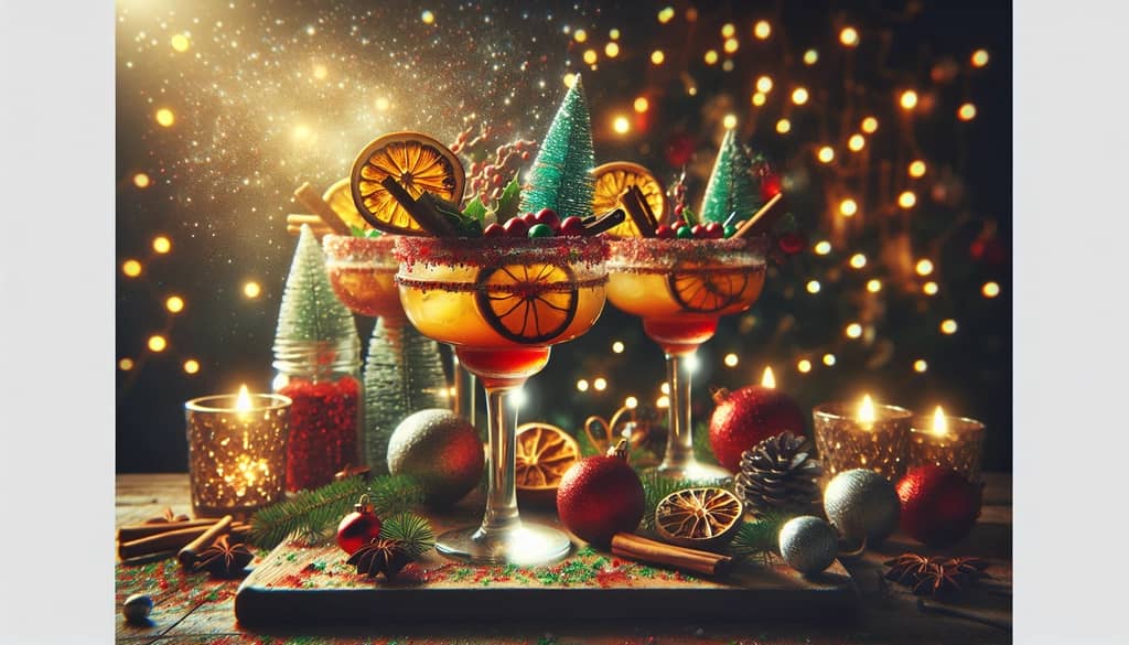 A festive display of holiday-themed margaritas adorned with Christmas spices and decorations
