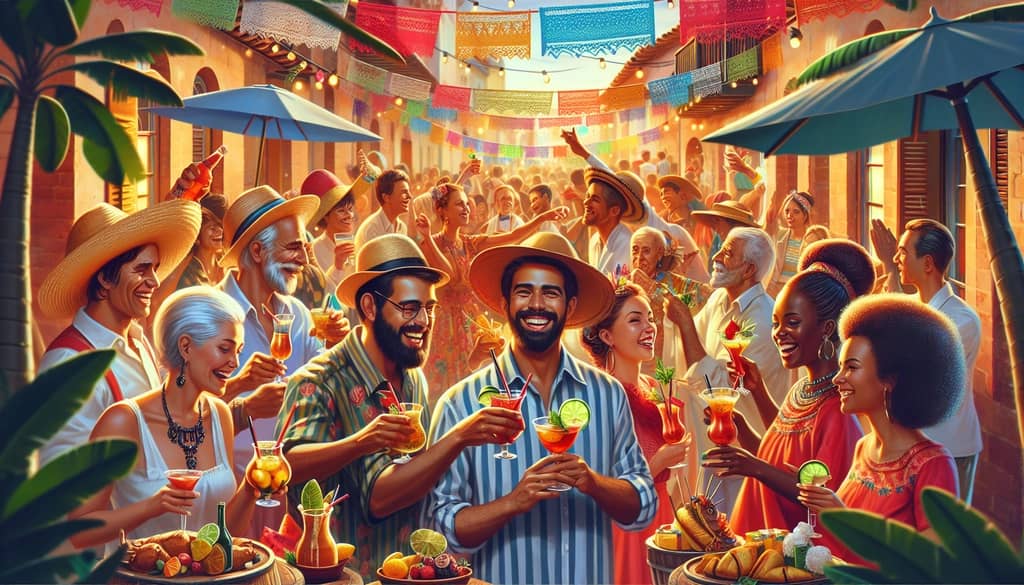 A festive gathering with people enjoying classic Latin American cocktails, highlighting cultural tradition and festivity.