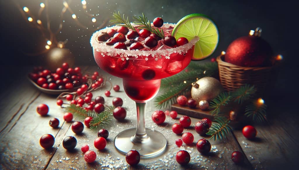 A festive glass of Christmas Cranberry Margarita garnished with fresh cranberries and a lime wheel, capturing the holiday spirit.