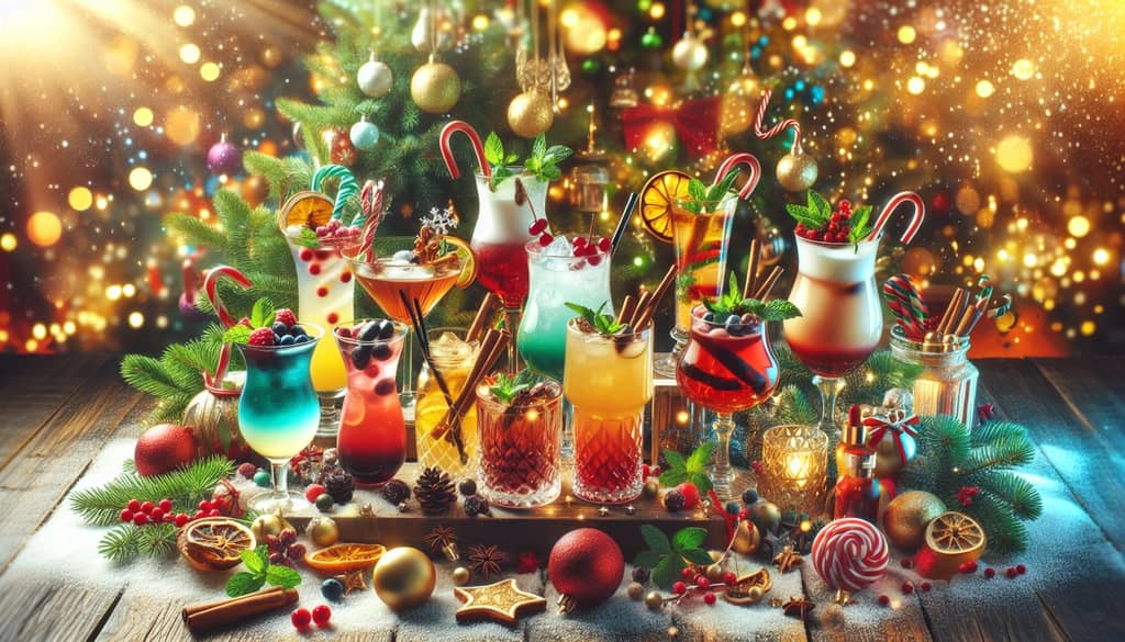 A festive scene showcasing a variety of non-alcoholic Christmas cocktails, full of joyous colors and flavors