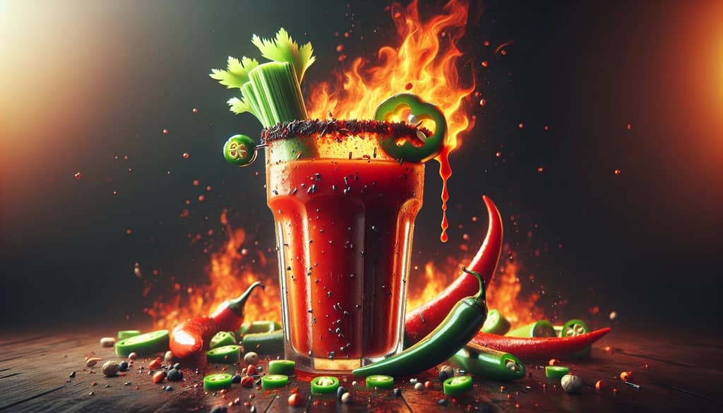 A fiery Extra Spicy Bloody Maria garnished with jalapeño and celery, showcasing its heat