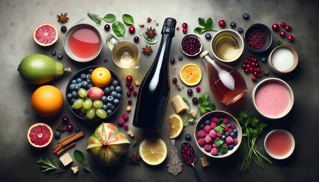 A flat lay of ingredients including cranberry juice, sparkling wine, and fresh garnishes