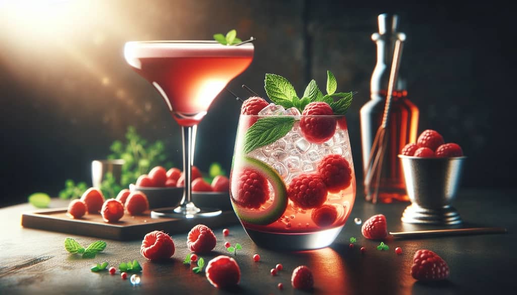 A Frambois Floradora cocktail garnished with fresh raspberries, highlighting its fruity enhancement