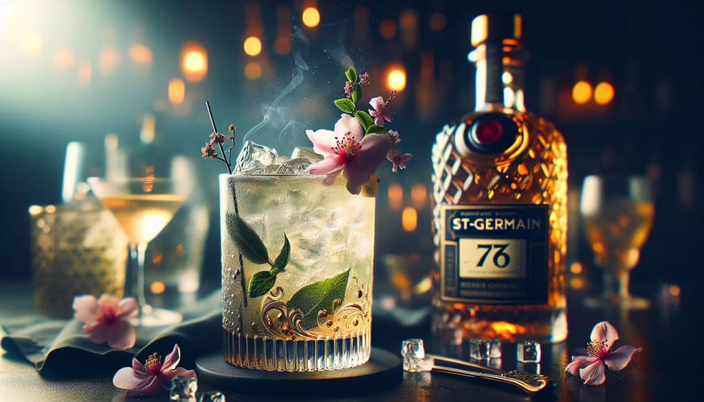 A French 76 cocktail with St-Germain, exuding a floral and refined aroma.