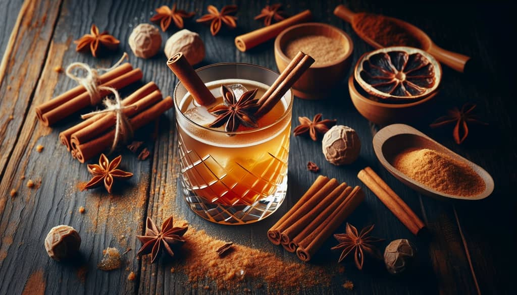 A French Connection cocktail garnished with a cinnamon stick and surrounded by spices like cinnamon and nutmeg, evoking warmth