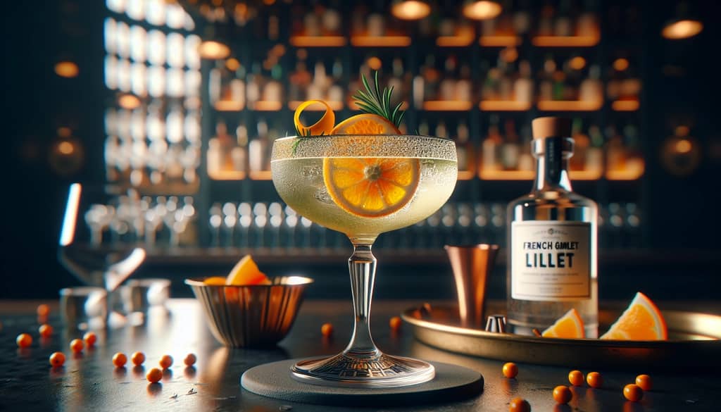 A French Gimlet Lillet garnished with an orange twist, served in a coupe glass