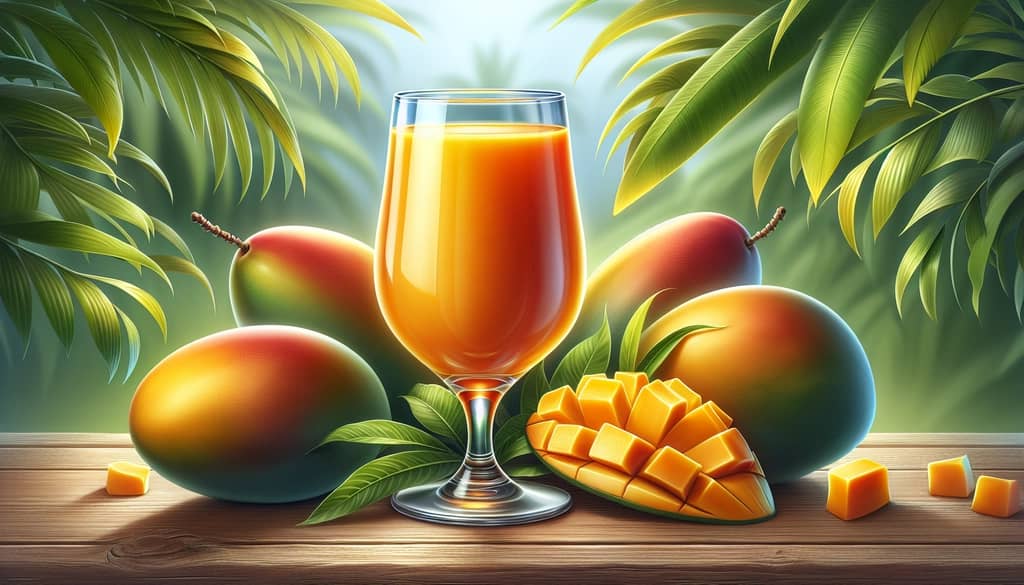 A fresh glass of mango juice surrounded by ripe mangoes, highlighting the drink's tropical appeal and health benefits.
