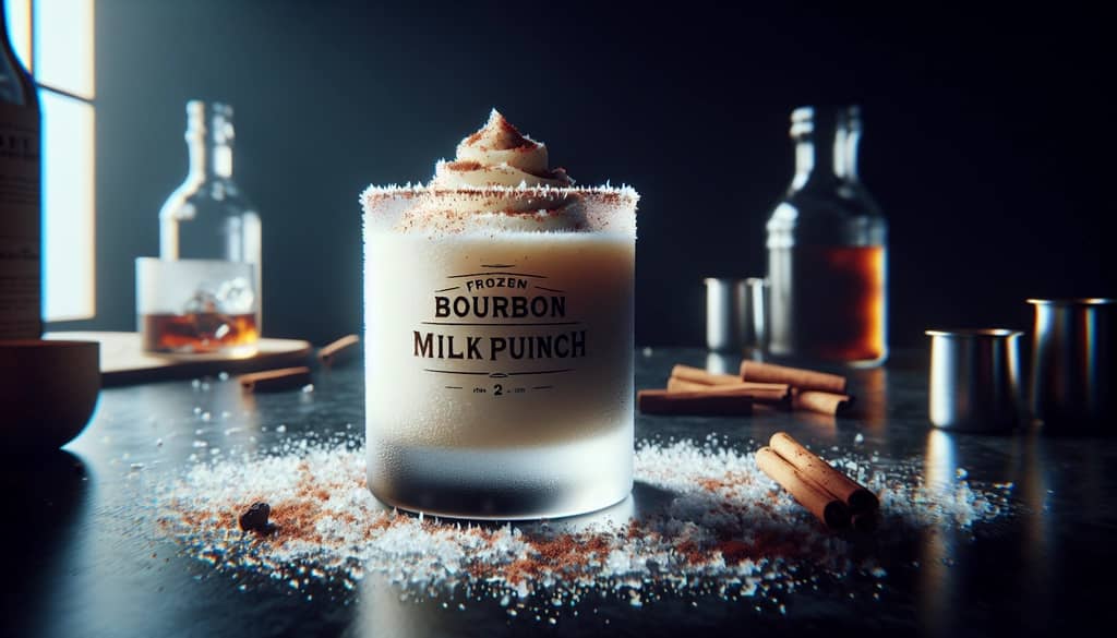 A frosty glass of Frozen Bourbon Milk Punch topped with a sprinkle of cinnamon
