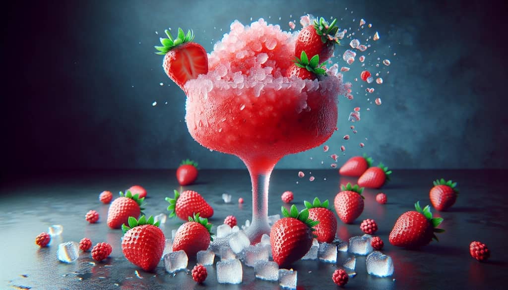 A frozen strawberry daiquiri vodka cocktail with fresh strawberries and crushed ice, ideal for a tropical summer vibe.