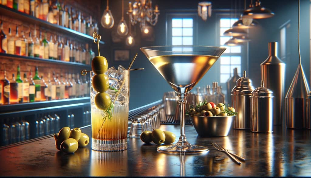 A Gibson and Martini cocktail side by side, highlighting their distinct garnishes of a pickled onion and an olive.