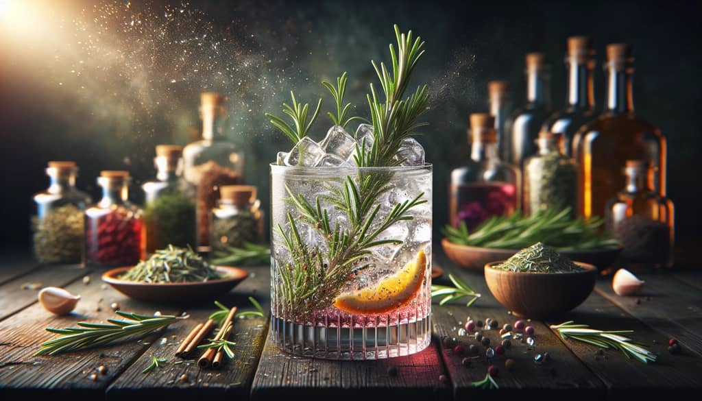 A gin and coke cocktail with a hint of herbal infusion, garnished with rosemary