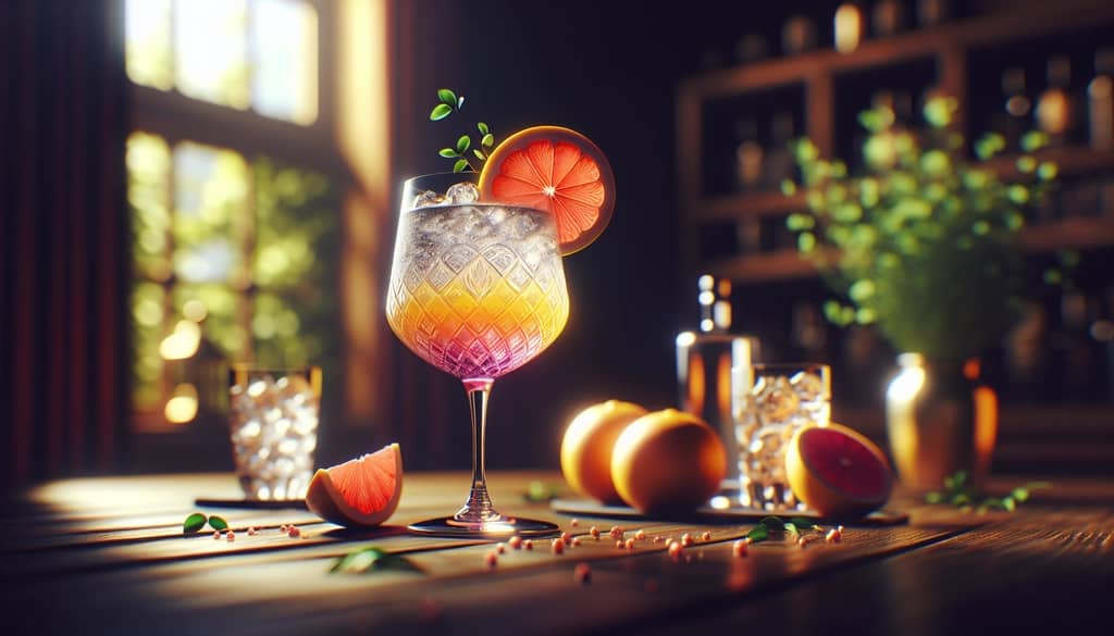 A gin and soda variation named Citrus Sunrise enhanced with orange bitters and a fresh grapefruit garnish
