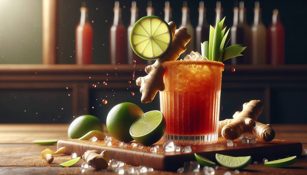 A Ginger Bloody Maria with fresh ginger and lime garnish, adding warmth and spice