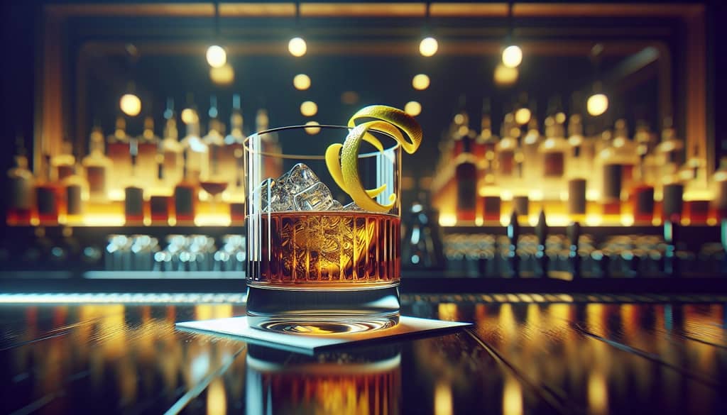 A glass of Classic Bourbon Sazerac beautifully garnished with a lemon twist on a bar counter.