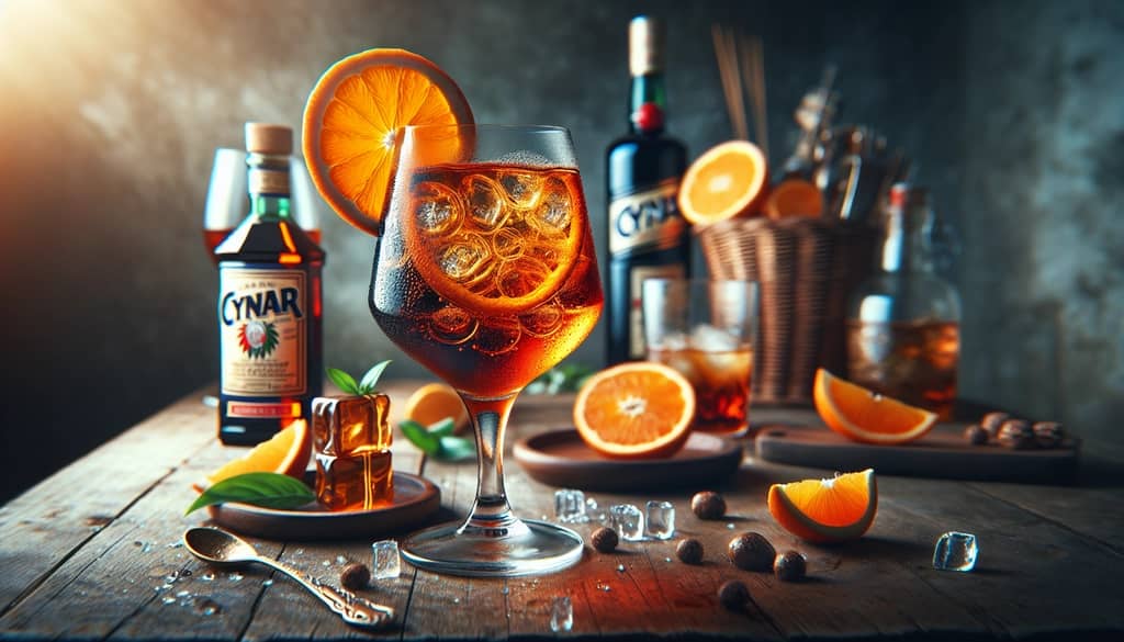 A glass of classic Cynar Spritz with orange slice garnish, capturing the essence of a refreshing Italian cocktail