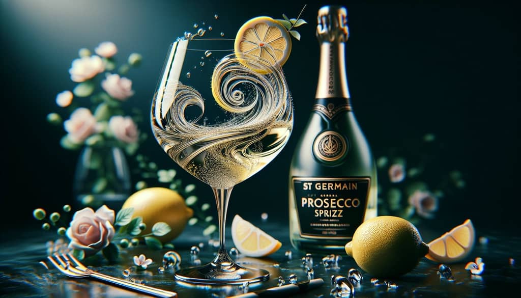 A glass of classic St Germain Prosecco Spritz garnished with a lemon twist, embodying its timeless elegance and floral freshness.