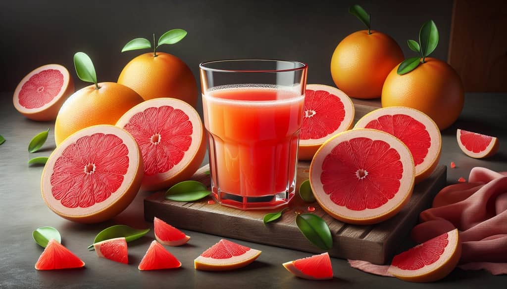 A glass of fresh grapefruit juice surrounded by sliced grapefruits, showcasing its vibrant color and health benefits.