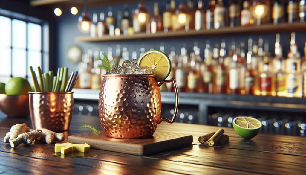 A glass of Moscow Mule on a bar counter, highlighting its key ingredient, ginger beer