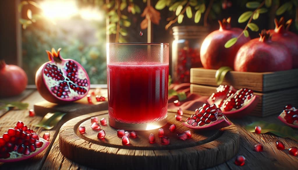 A glass of vibrant red pomegranate juice highlighting its rich antioxidants and health benefits.