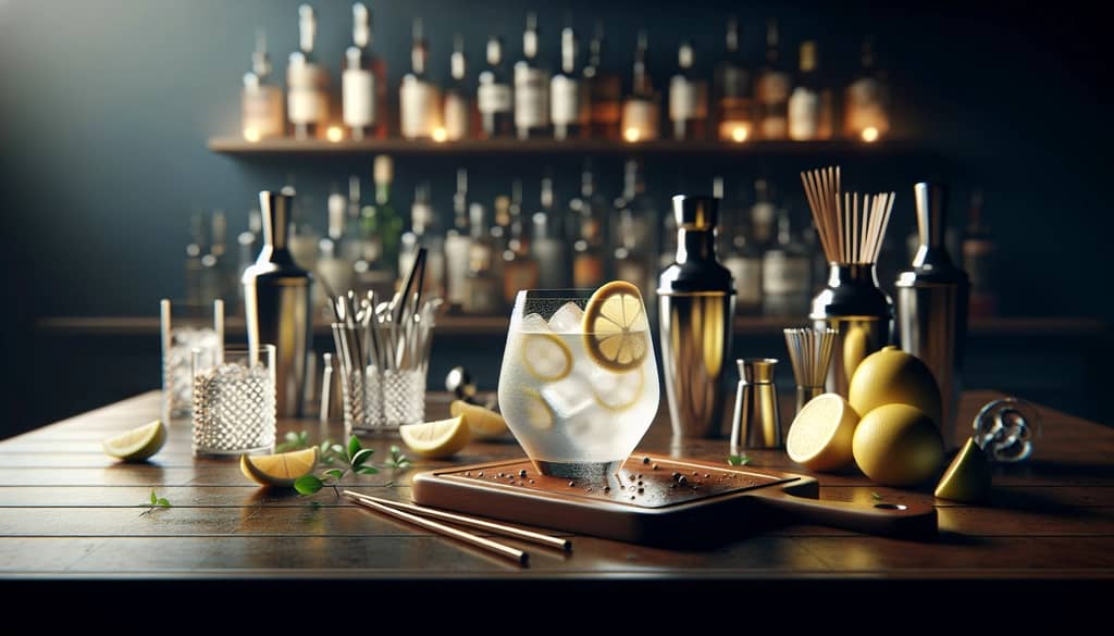 A glass of White Negroni, showcasing its unique, pale appearance against a backdrop of classic cocktail elements.