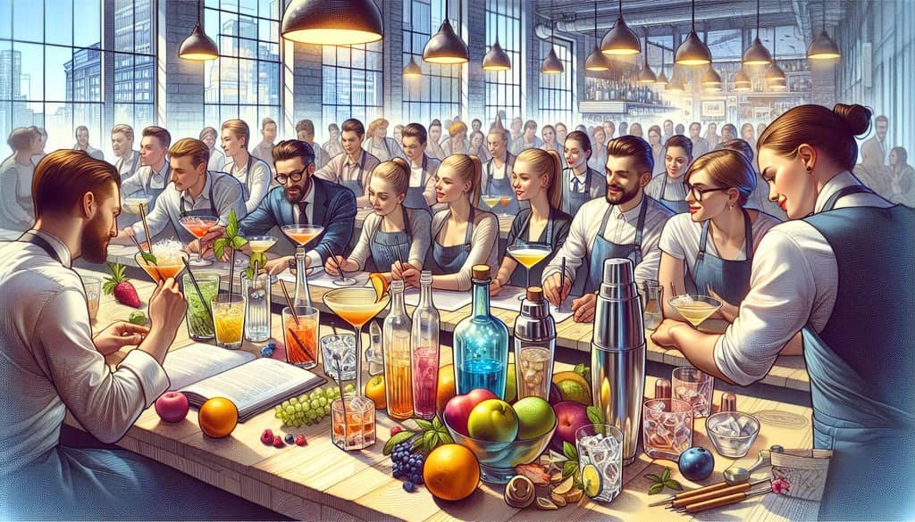 A group of students attending a cocktail making class in Toronto, learning techniques from a professional mixologist