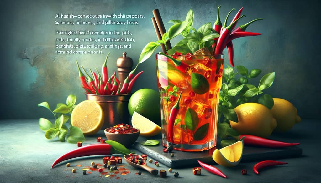 A health-conscious cocktail featuring chili peppers, lemons, and herbs, highlighting the health benefits of chili-infused drinks