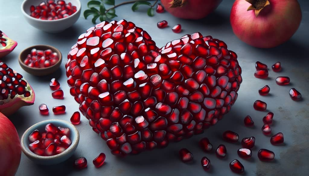 A heart-shaped arrangement of pomegranate seeds symbolizes their benefits for cardiovascular health.