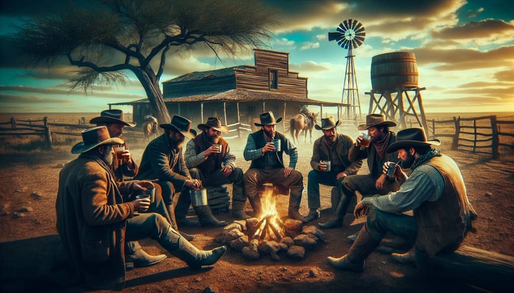 A historical depiction of ranchers enjoying a Ranch Water cocktail in West Texas