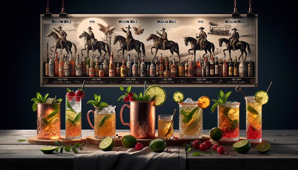A historical depiction of the evolution of Mule cocktails, from Moscow Mule's origin in the 1940s to the modern Mexican Mule.