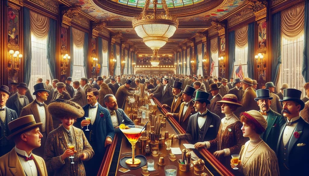 A historical depiction of the Horse's Neck cocktail being enjoyed at iconic venues like the Waldorf Astoria during early 20th century gatherings.