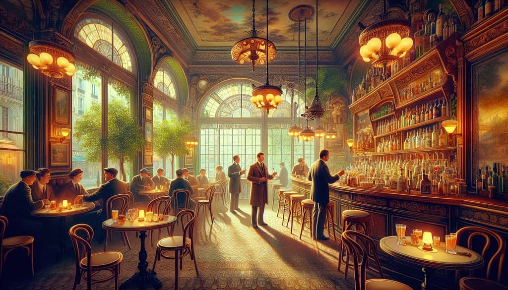 A historical scene from a Parisian cafe in the 1920s, setting the stage for the creation of the Old Pal cocktail.