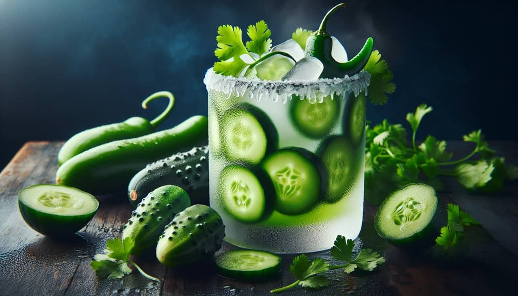 A Jalapeño Cucumber Cilantro Margarita with fresh cilantro leaves atop a frosted glass