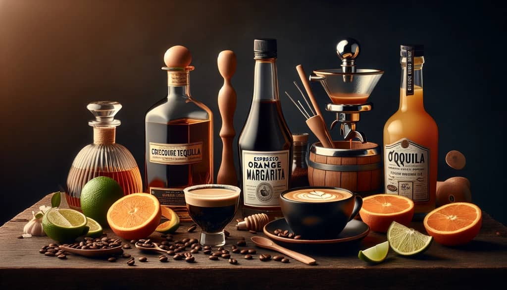 A laid-out assembly of ingredients including tequila, espresso, and fresh orange juice for crafting an innovative Espresso Orange Margarita