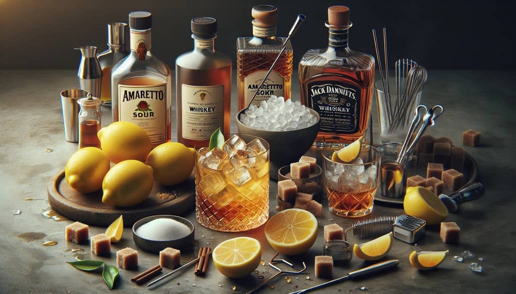 A lineup of fresh ingredients used in an Amaretto Whiskey Sour cocktail recipe