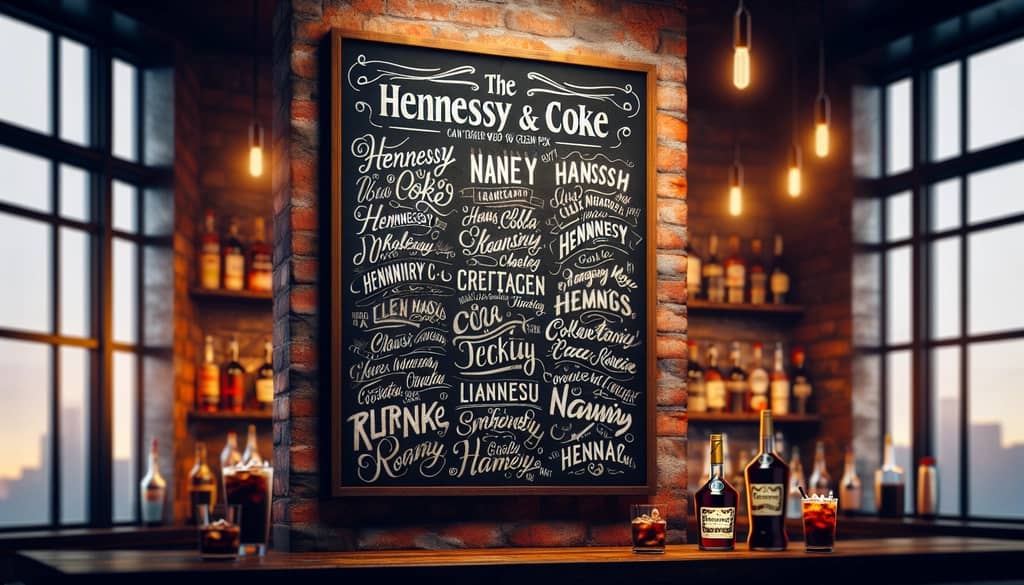 A list of creative and trendy names for the Hennessy and Coke cocktail on a chalkboard