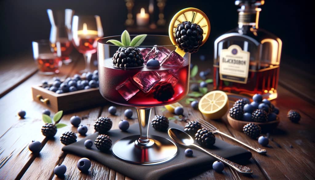 A luscious Blackberry Bourbon Sidecar with a deep color, garnished with a fresh blackberry and lemon peel.