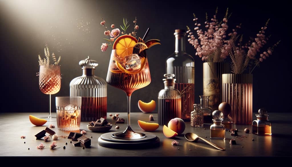 A luxurious Amaro Spritz garnished with chocolate bitters and peach, offering a creative twist on the classic cocktail