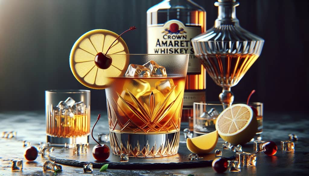 A luxurious Crown Amaretto Whiskey Sour cocktail garnished with a lemon wheel and cherry