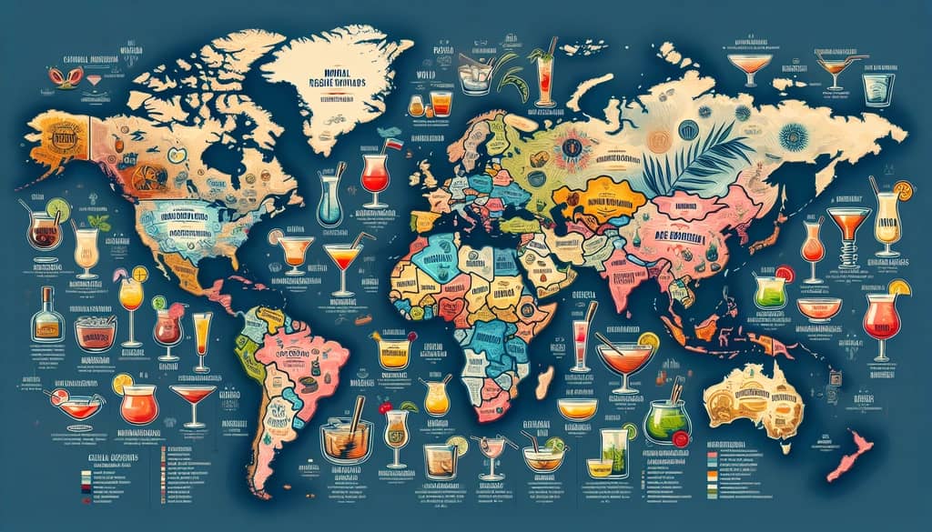 A map featuring popular regional cocktails from around the world, highlighting their cultural significance.